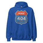 Blue hoodie with a graphic design featuring 'PEACE 404 NOT FOUND' on a white background