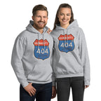 Two people wearing gray hoodies with a unique 'Humanity 404 Not Found' design on a white background