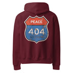 Maroon hoodie with a graphic design on the back featuring 'PEACE 404 NOT FOUND' text.