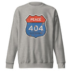 Gray sweatshirt with a graphic design of a road sign and 'PEACE 404 NOT FOUND' text on a white background