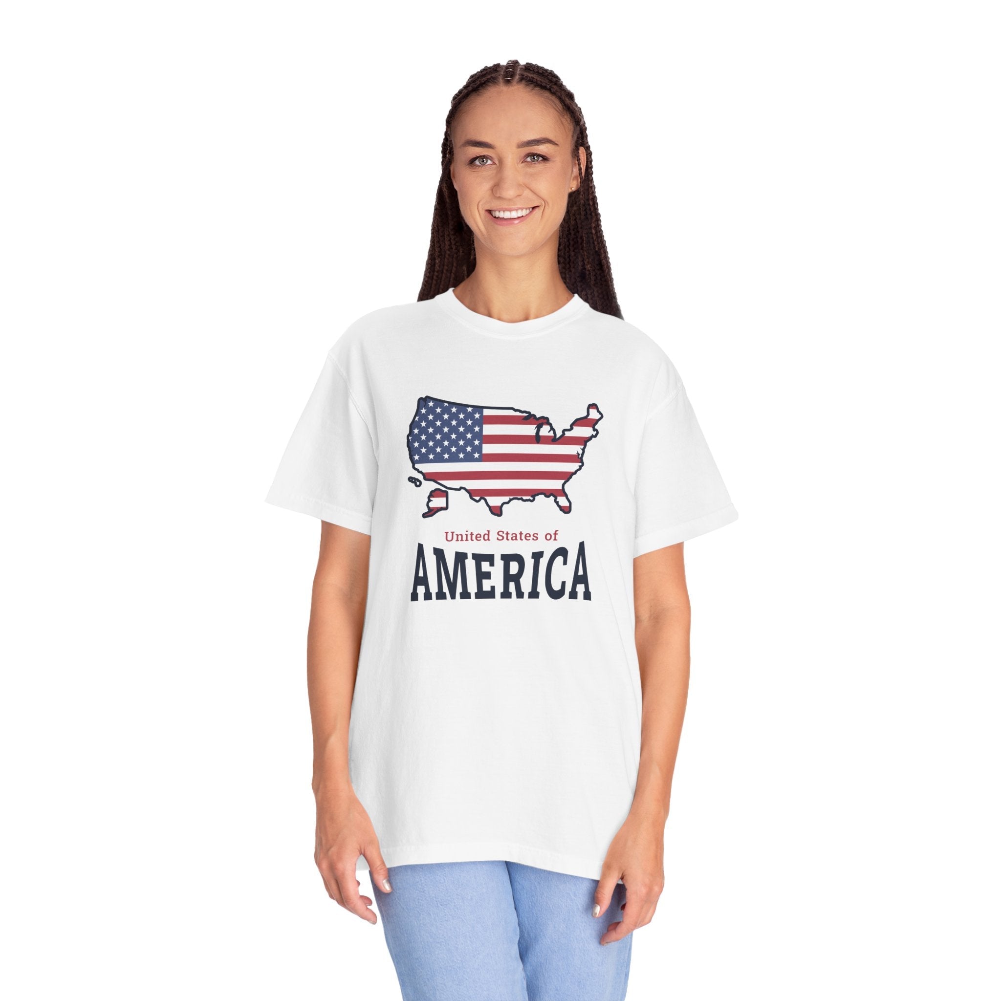 a woman wearing a white t-shirt with a Map of America graphic and 'AMERICA' typography text design on a white background