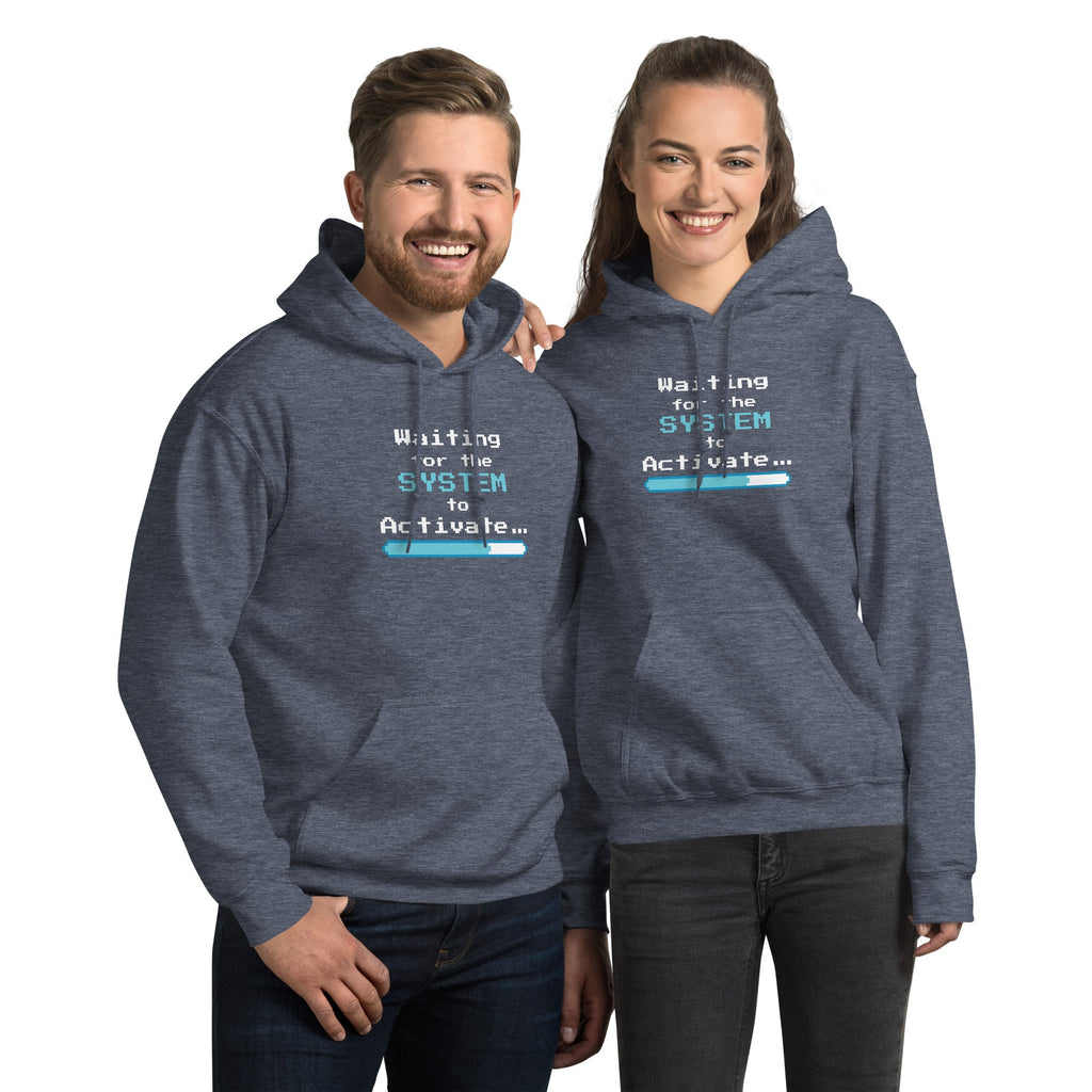 Two people wearing matching Heather Sport Dark Navy hoodies with 'Waiting for the System to Activate' text on a white background