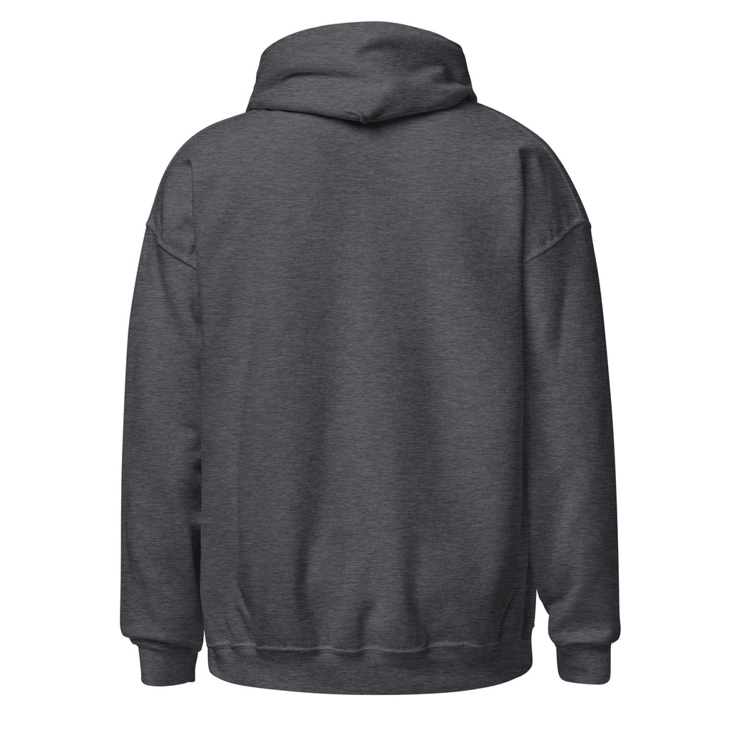 Back side view of a dark heather hoodie shown from the back on a white background