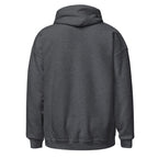 Back side view of a dark heather hoodie shown from the back on a white background