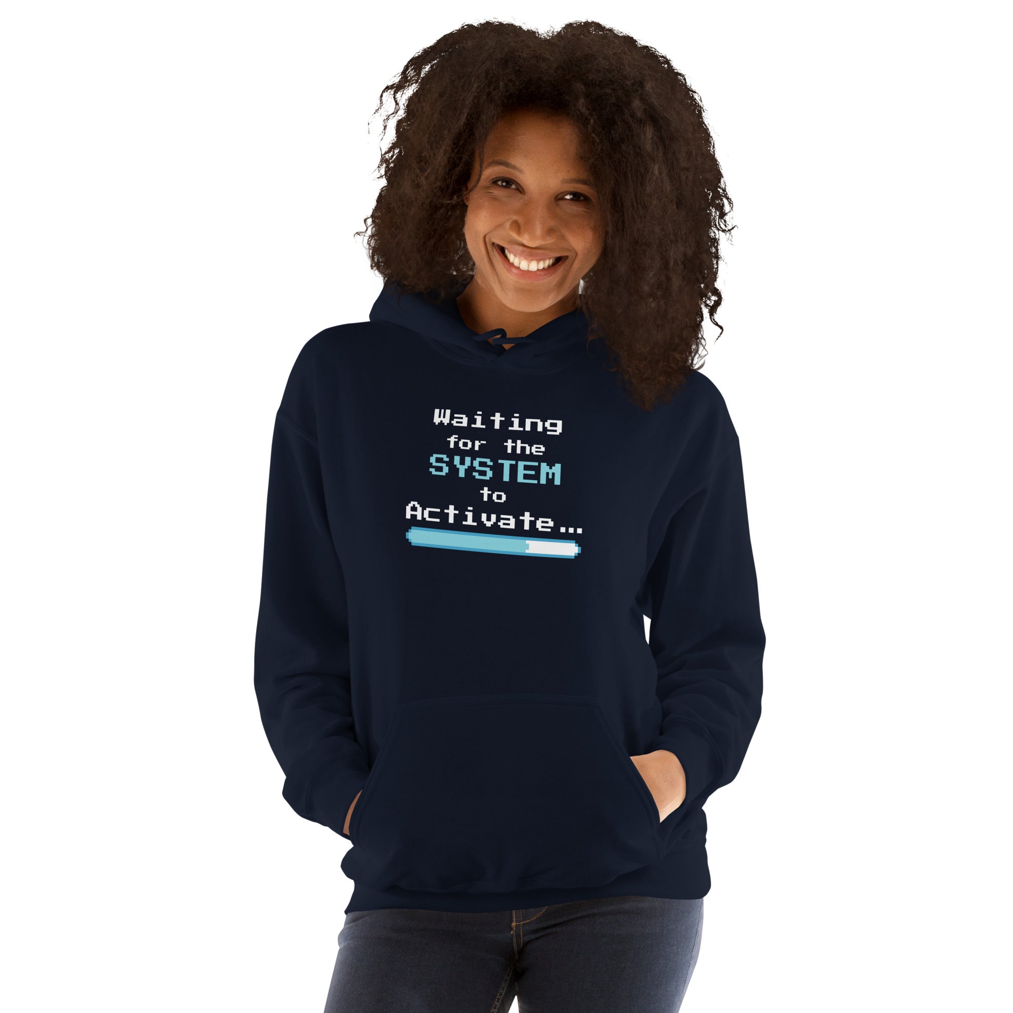 Person wearing a navy hoodie with 'Waiting for the System to Activate' text and loading bar design on a white background