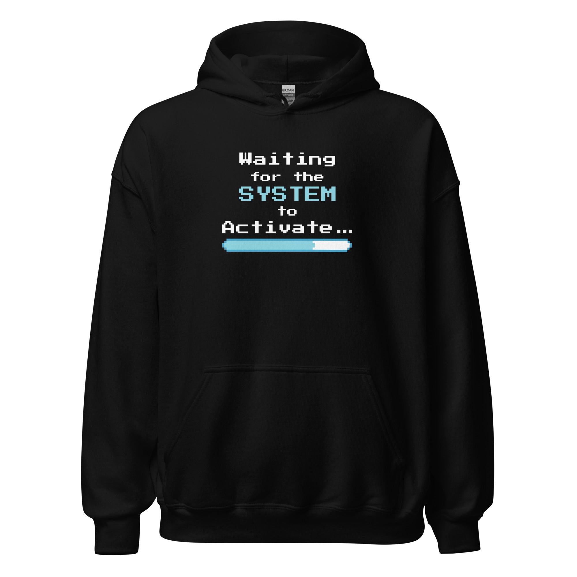 Black hoodie with 'Waiting for the System to Activate' text and loading bar design on a white background