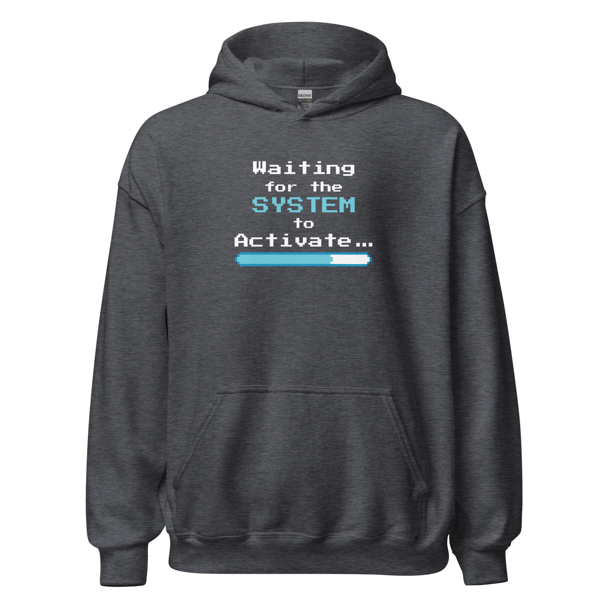 Dark heather hoodie with 'Waiting for the System to Activate' text and loading bar design on a white background