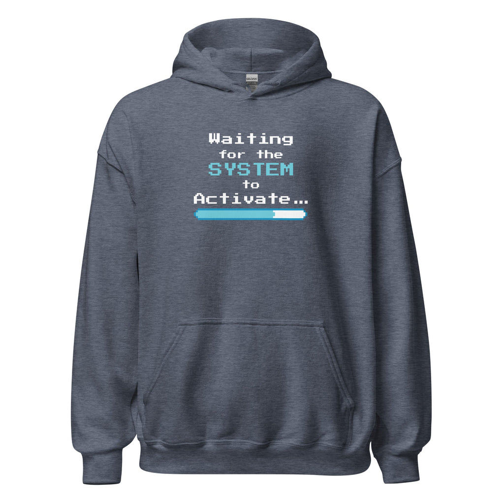 Heather Sport Dark navy hoodie with 'Waiting for the System to Activate' text and loading bar design on a white background