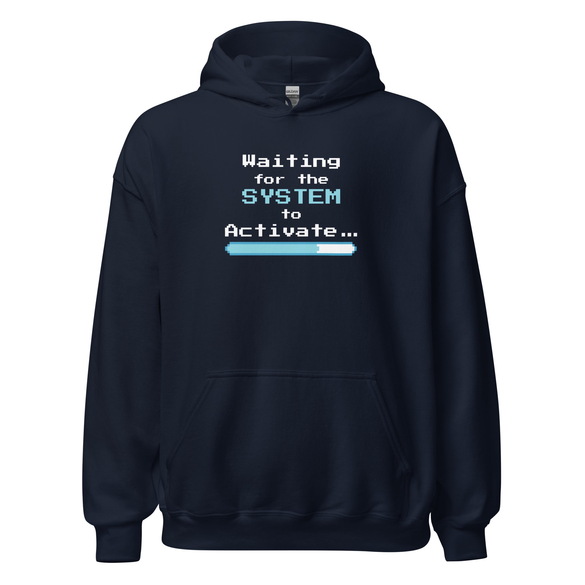 Navy blue hoodie with 'Waiting for the System to Activate' text design on a white background