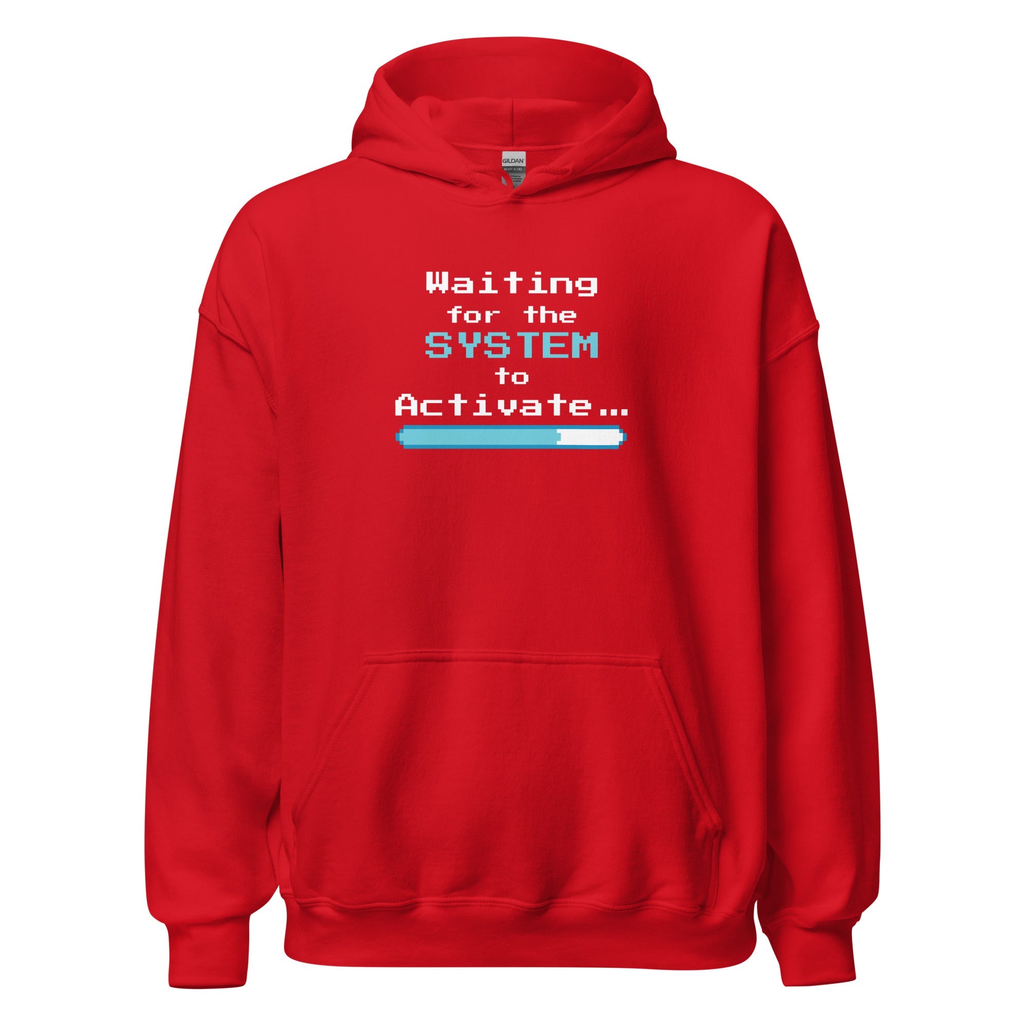 Red hoodie with 'Waiting for the System to Activate' text and loading bar design on a white background