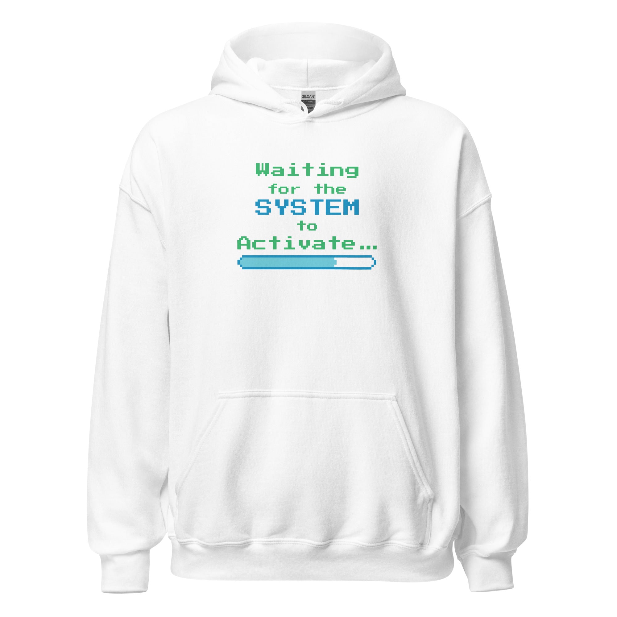 White hoodie with 'Waiting for the System to Activate' text and loading bar design on a white background