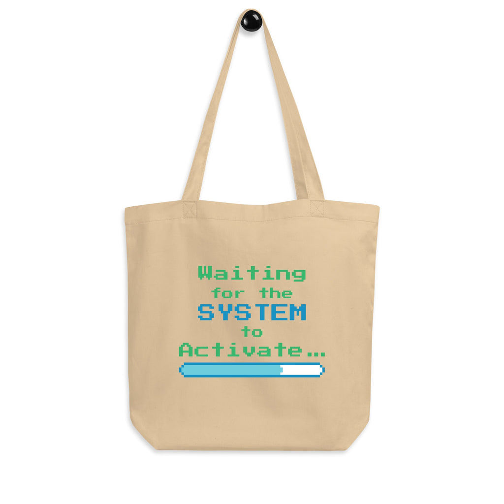 Beige tote bag with text and loading bar design on a white background