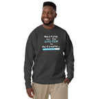 Person wearing a dark gray sweatshirt with 'Waiting for the System to Activate' text design on a white background