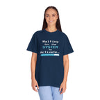 Person wearing a navy blue t-shirt with 'Waiting for the System to Activate' text and loading bar design on a white background