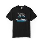 Black t-shirt with 'Waiting for the System to Activate' text on a white background