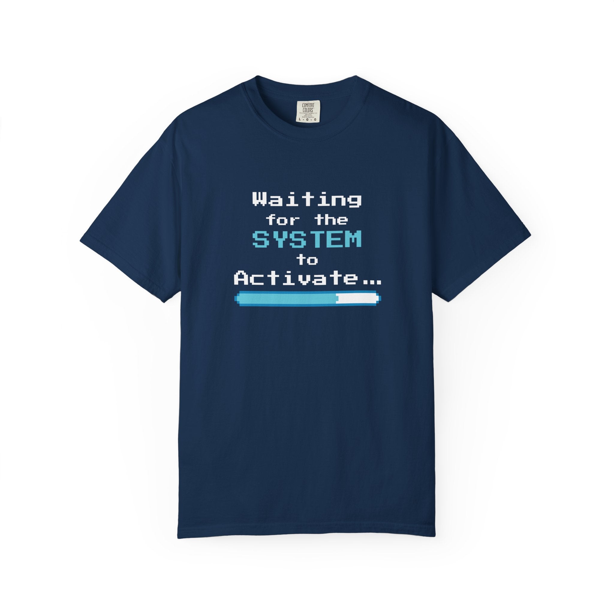 Navy t-shirt with 'Waiting for the System to Activate' text on a white background