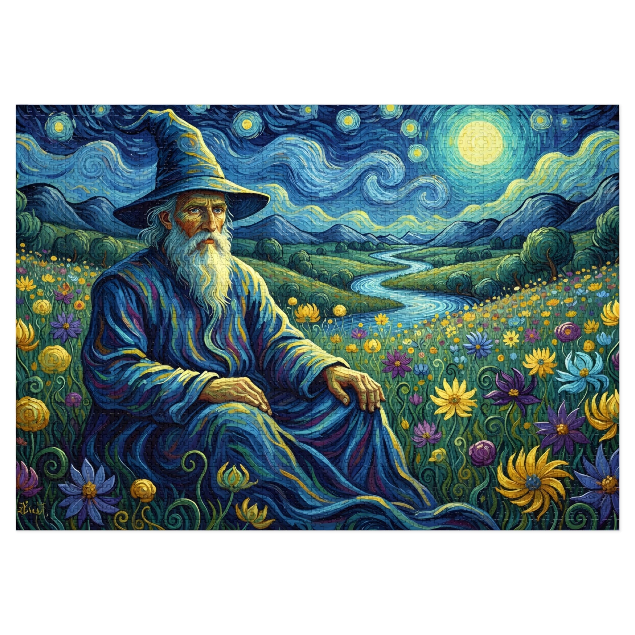 A wise wizard in a pointy hat, his long beard and robes depicted as flowing, swirling patterns of color, sitting in a field of fantastical flowers and a starry night sky, in Van Gogh's art style.