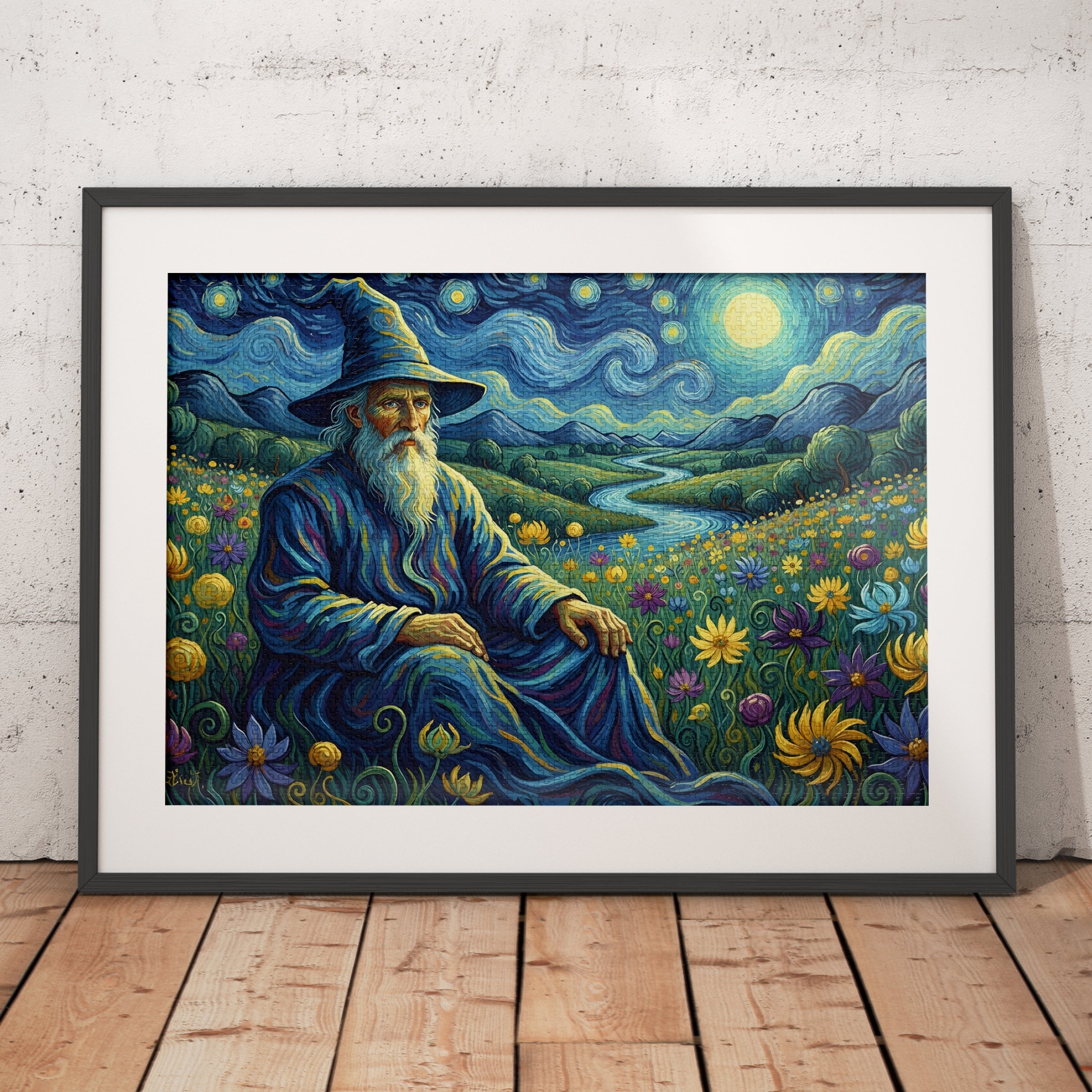 Framed jigsaw puzzle artwork of a wizard sitting in a mystical landscape with flowers and stars.