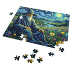 Jigsaw puzzle with a wizard in a field of flowers and stars, with pieces missing.
