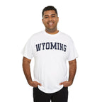 a man wearing white t-shirt with 'WYOMING' typography text on a white background 