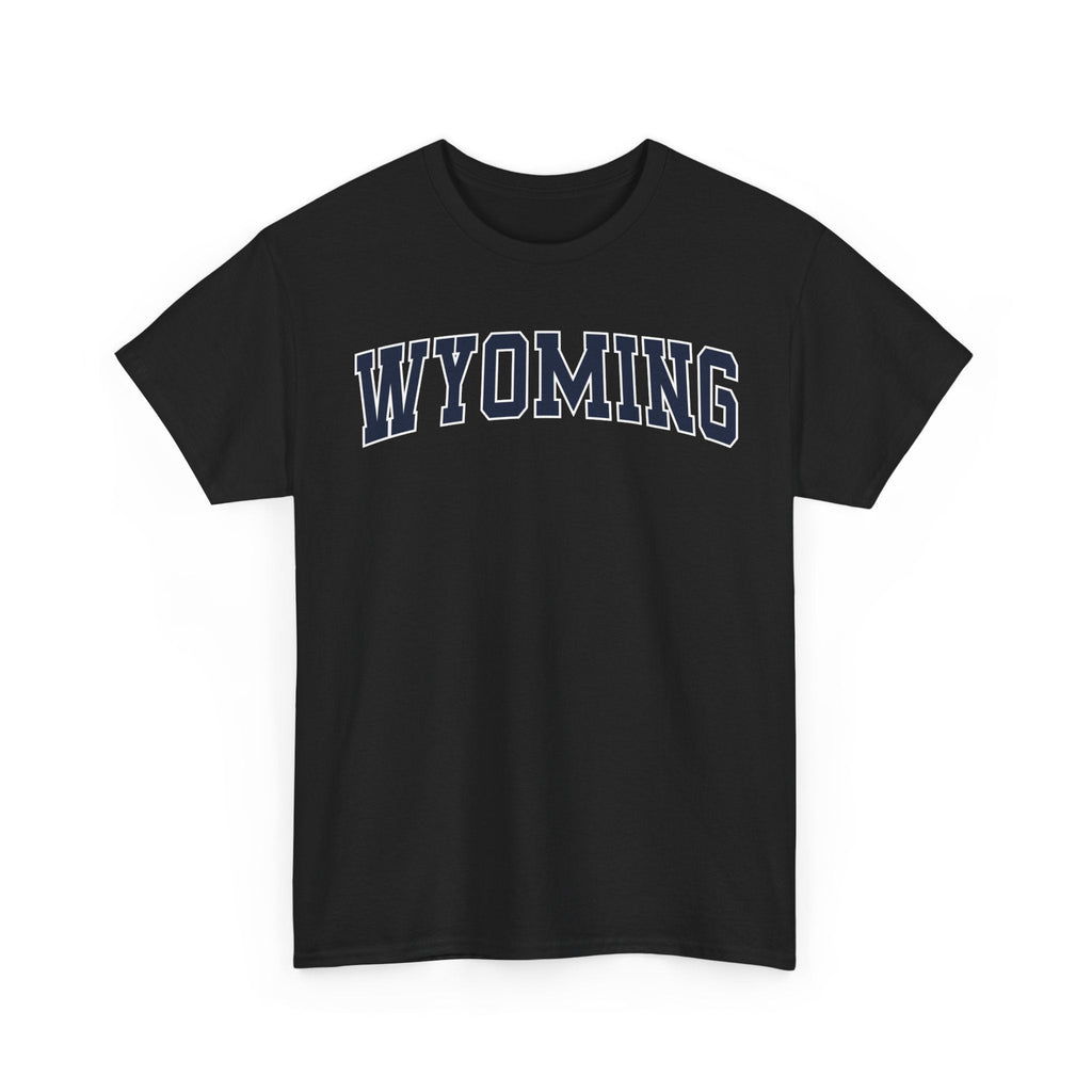 black t-shirt with 'WYOMING' typography text on a white background 