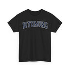 black t-shirt with 'WYOMING' typography text on a white background 