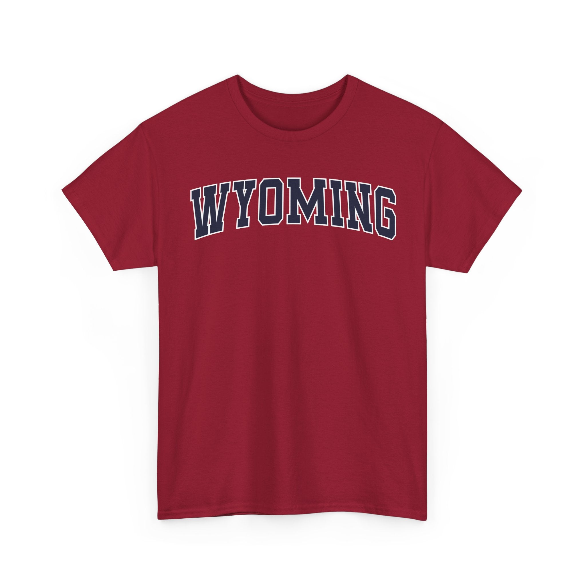 Cardinal red t-shirt with 'WYOMING' typography text on a white background 