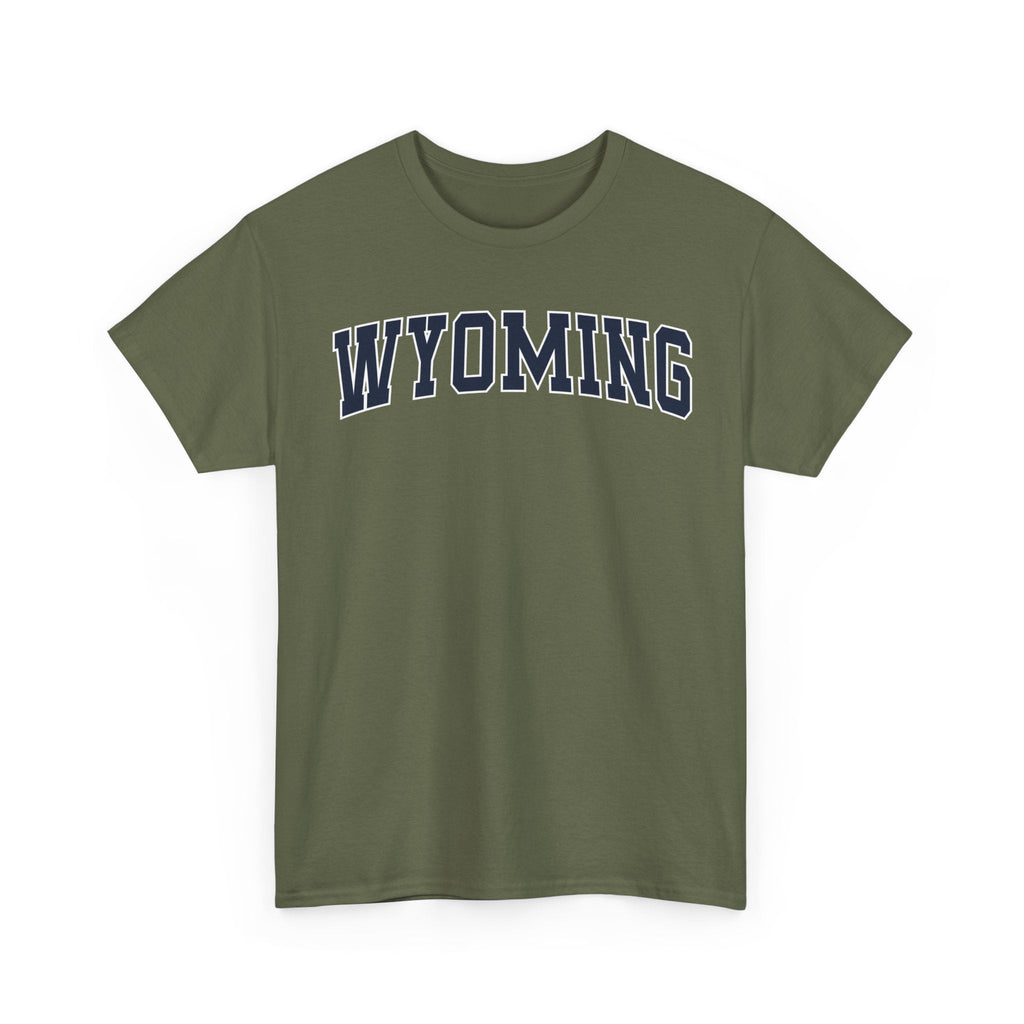 military green t-shirt with 'WYOMING' typography text on a white background 
