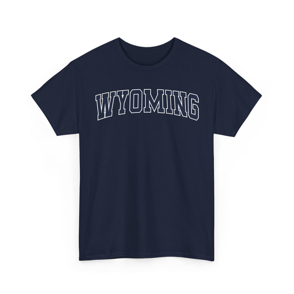 navy t-shirt with 'WYOMING' typography text on a white background 
