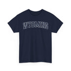 navy t-shirt with 'WYOMING' typography text on a white background 