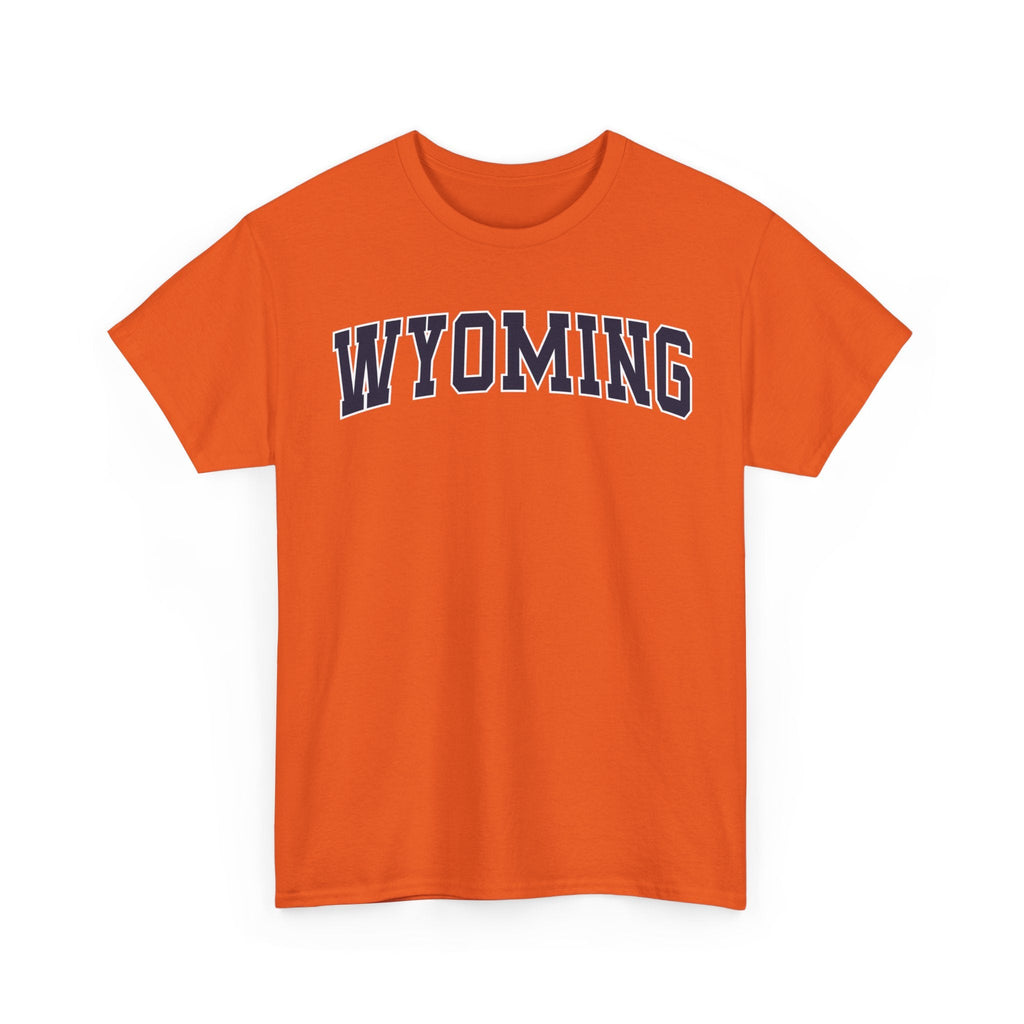 orange t-shirt with 'WYOMING' typography text on a white background 