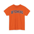 orange t-shirt with 'WYOMING' typography text on a white background 