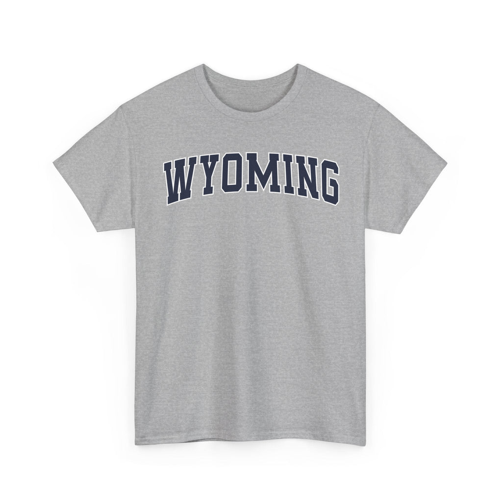 grey t-shirt with 'WYOMING' typography text on a white background 