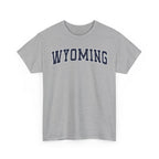 grey t-shirt with 'WYOMING' typography text on a white background 