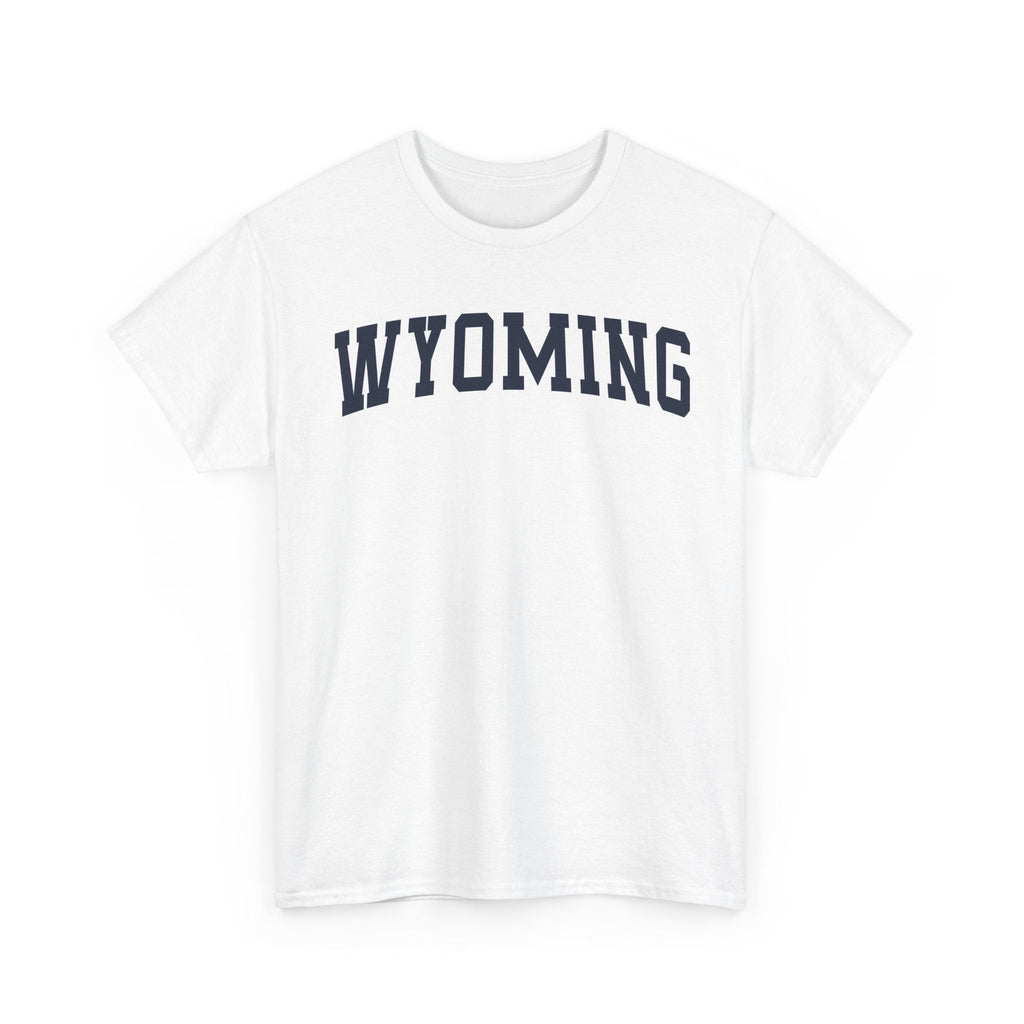 White t-shirt with 'WYOMING' typography text on a white background 