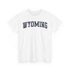 White t-shirt with 'WYOMING' typography text on a white background 