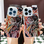 Two phone cases with a colorful anime Kimetsu No Yaiba Demon Slayer Yoriichi design held by a person.